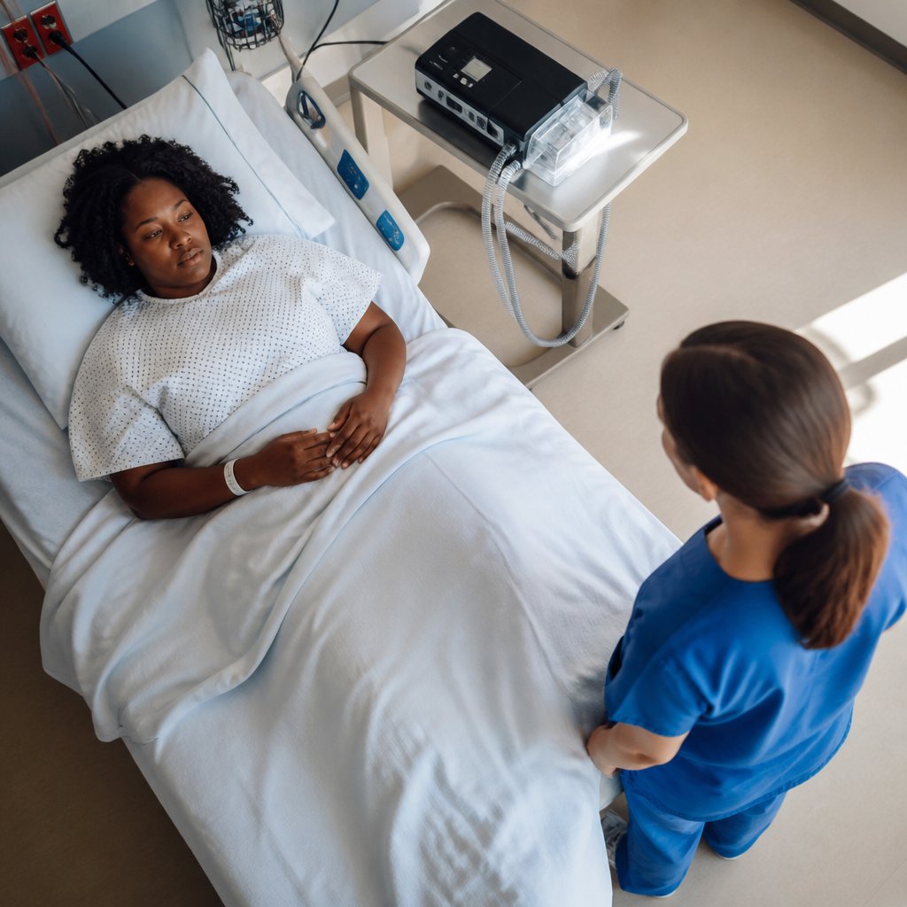 Woman lying in ER bed with CPAP machine glowing nearby, nurse looking on worriedly.