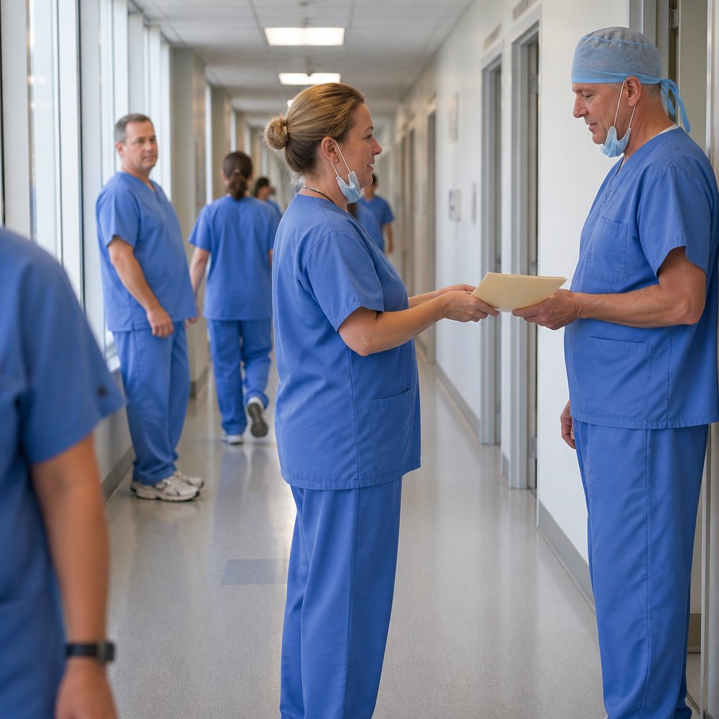 Nurse observing risk management deliver resolution folder to surgeon post-complication.