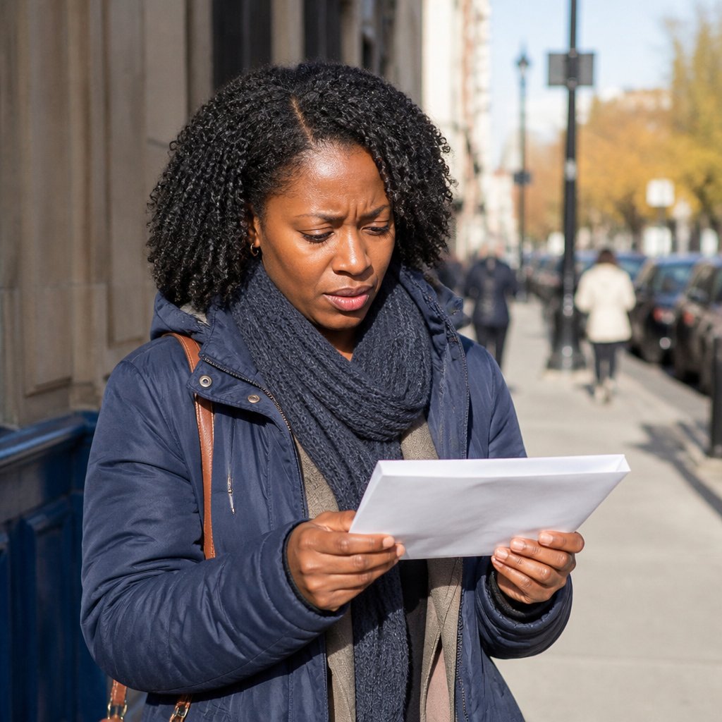 Woman holding an insurance letter outside, looking worried.