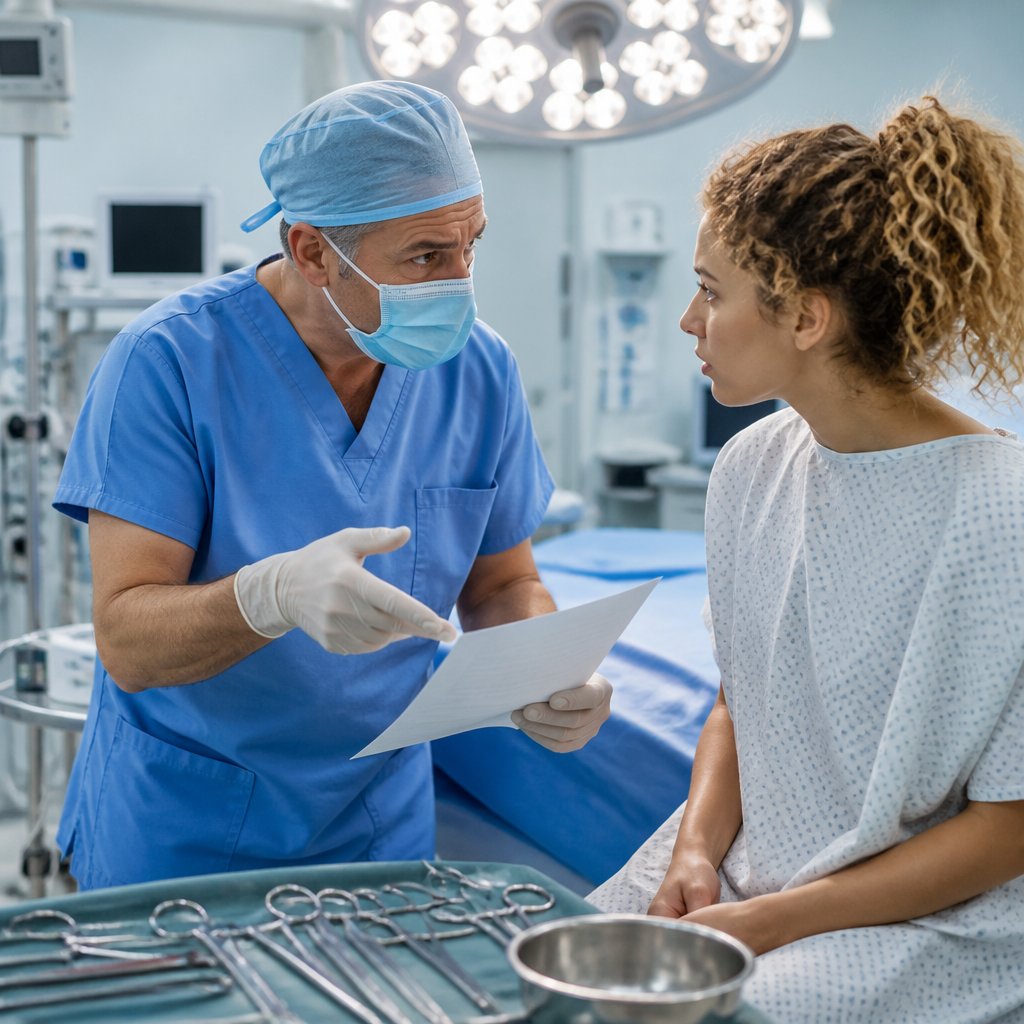 Surgeon discusses urgent consent with patient in operating room.