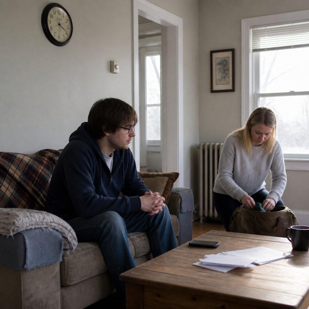 Man sitting on sofa with woman packing bag in apartment