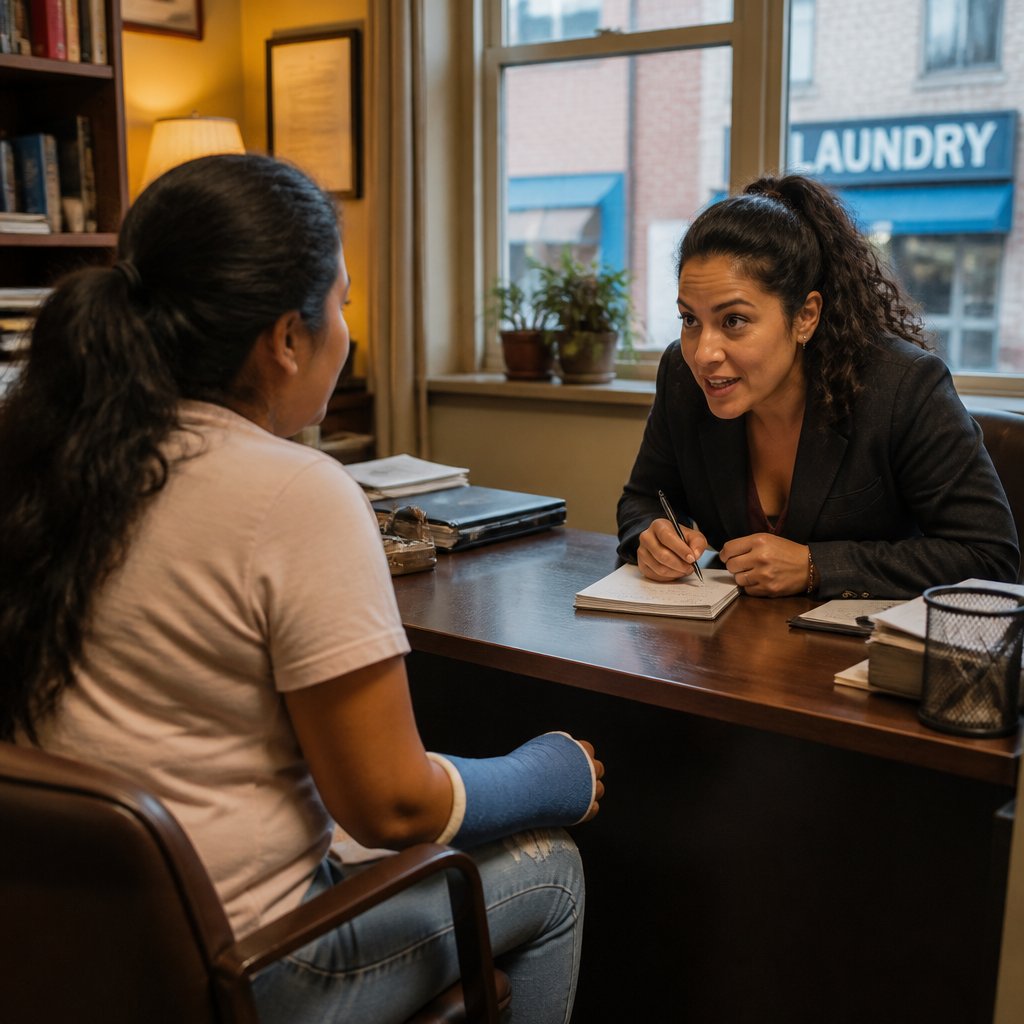 Injured worker meeting with an energized worker's rights attorney in a small office