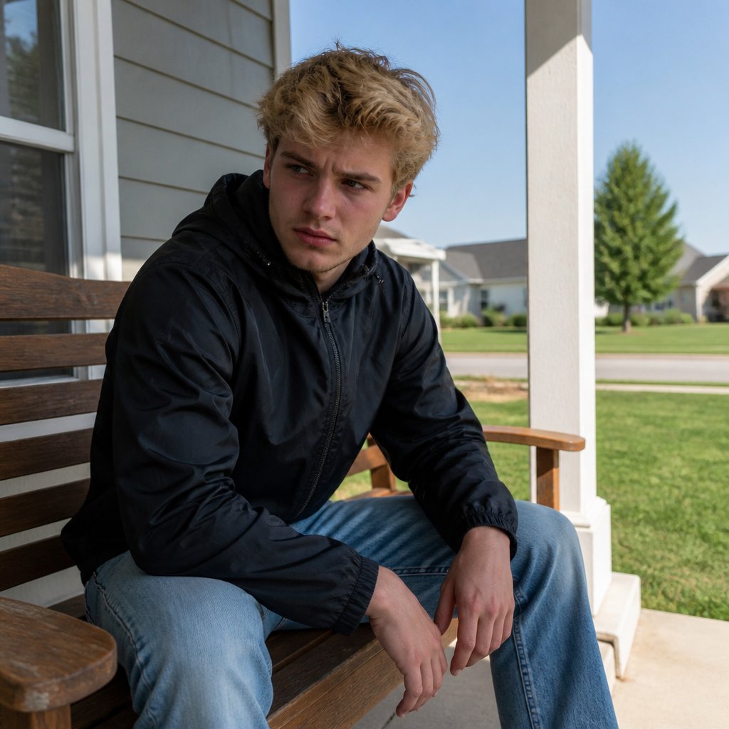 Man sitting on porch looking tense, phone face-down, suburban background.