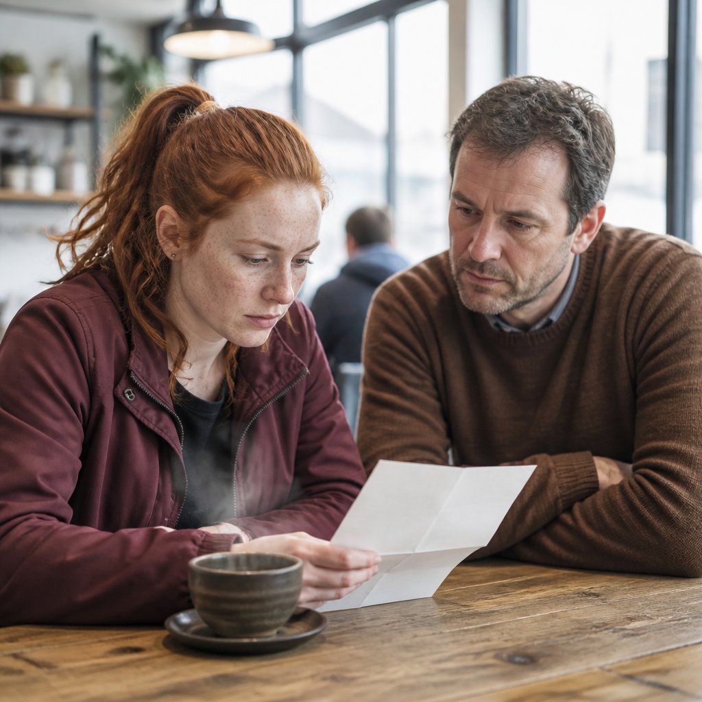 Patient comparing identical discharge letters in coffee shop with another patient.