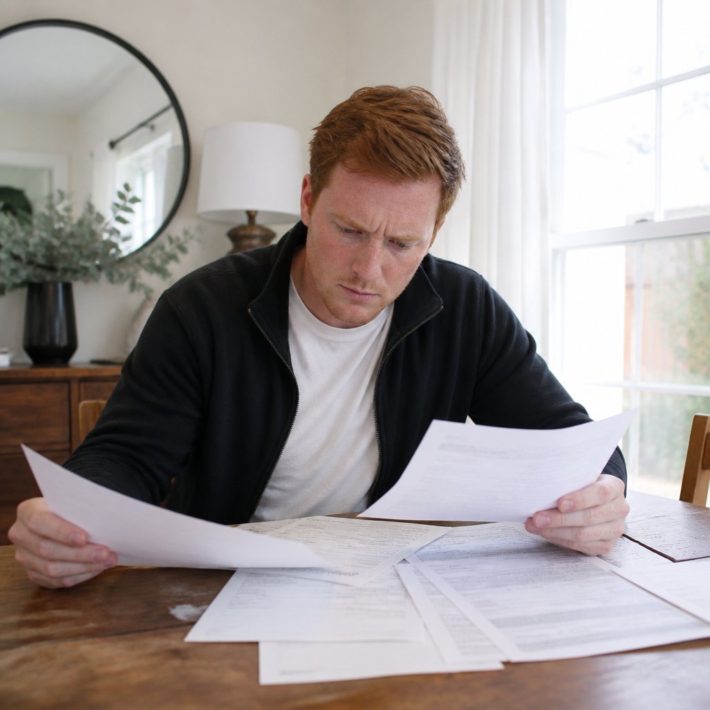 Young red-haired white man reviewing insurance documents at dining table looking frustrated.