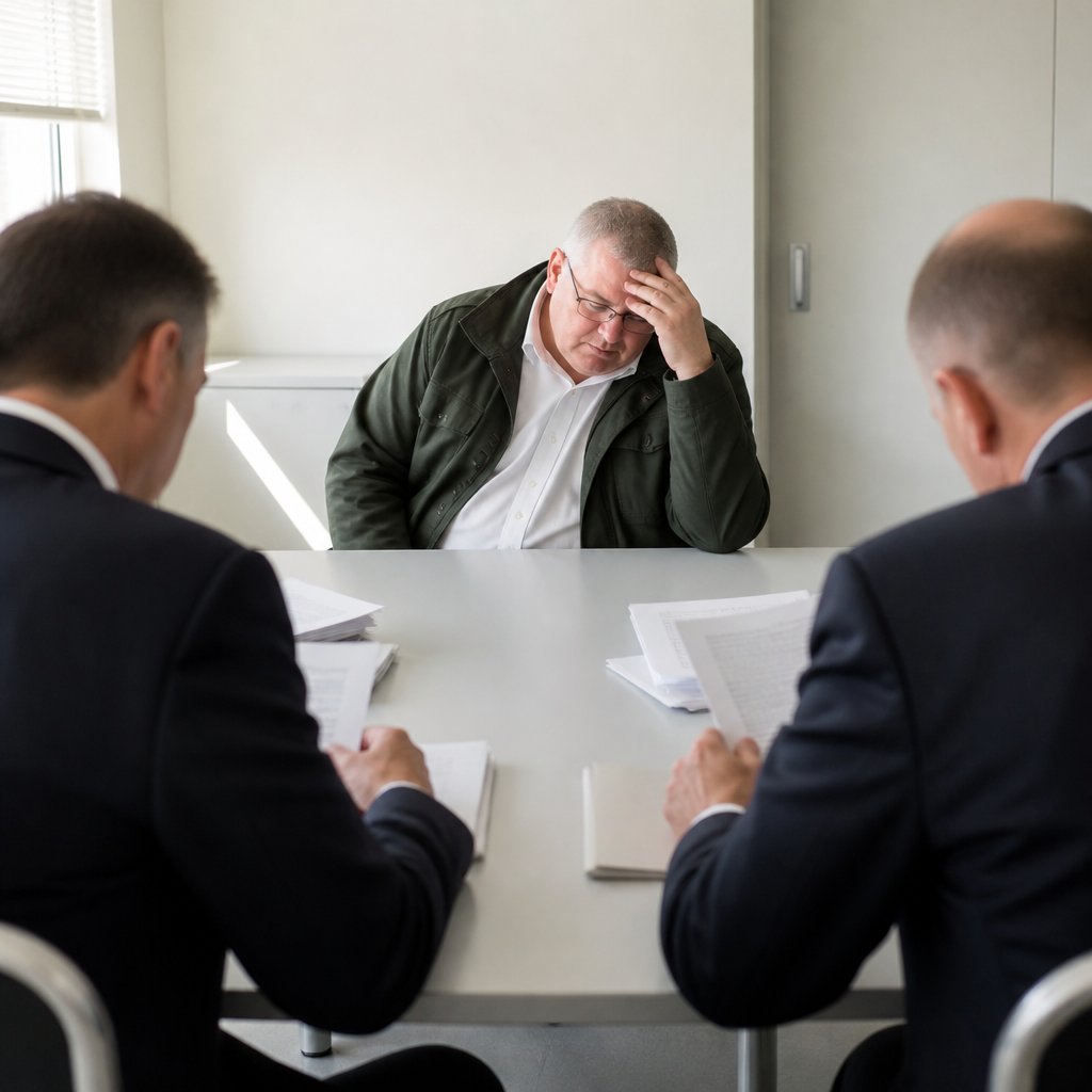 Man rubbing forehead, looking tired in conference room; two lawyers across table with papers.