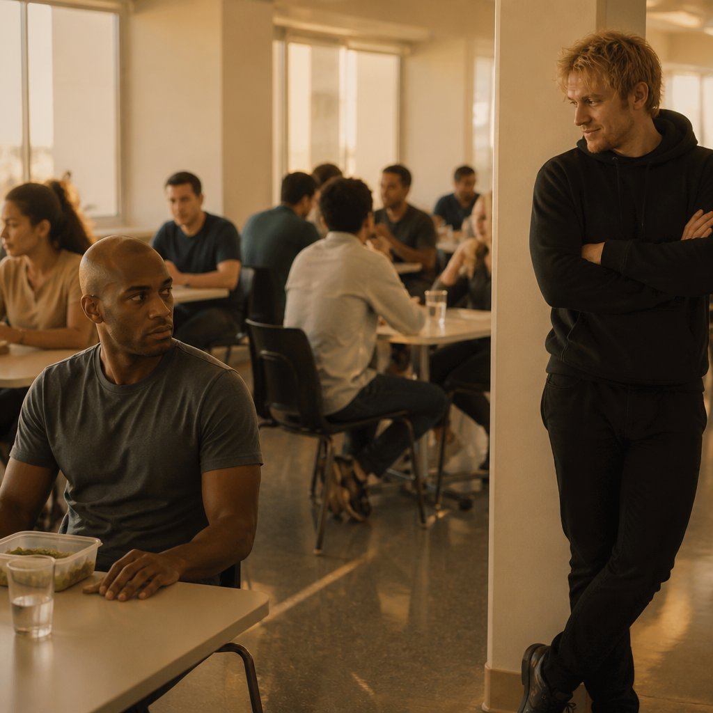 Man notices coworker smirking at him across busy cafeteria.