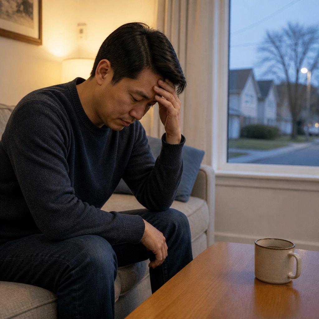 Man stressed sitting alone in living room after bad news call