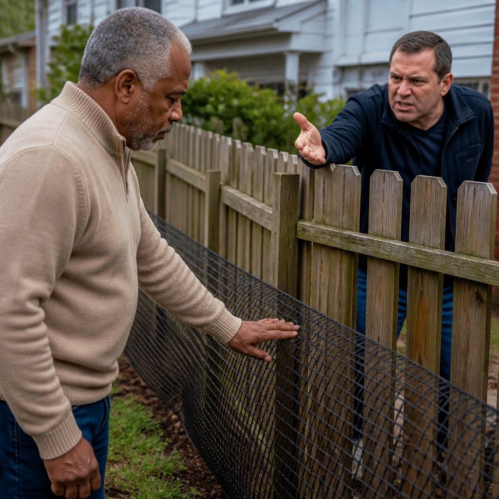 Man touching mesh net over yard area while neighbor angrily gestures from other side of fence.