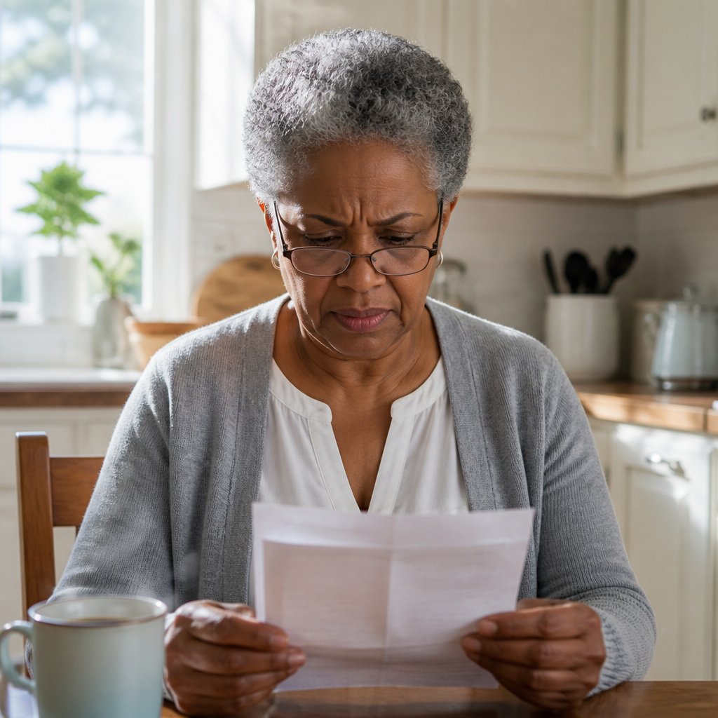 Woman reading a denial letter from insurer at kitchen table.