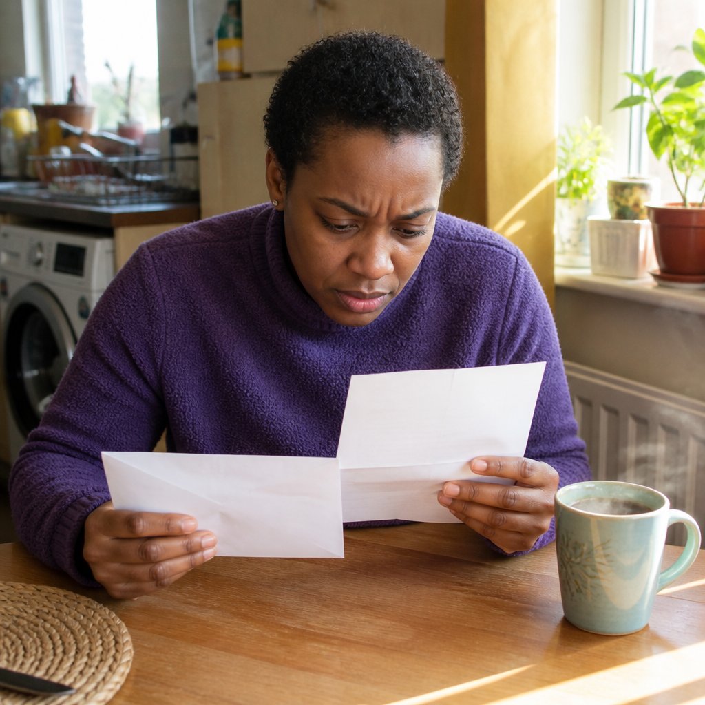 Woman reading an insurance letter at her kitchen table.
