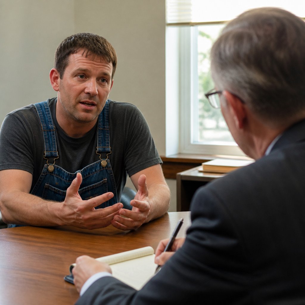 Former business partner giving earnest testimony in lawyer's office during deposition