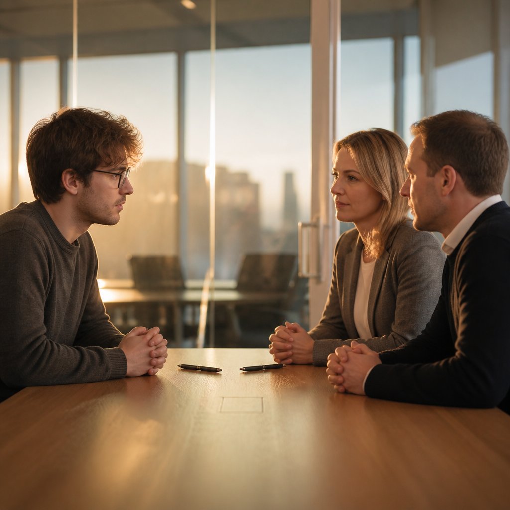 Tense HR meeting with two reps questioning a young man in a glass-walled room.