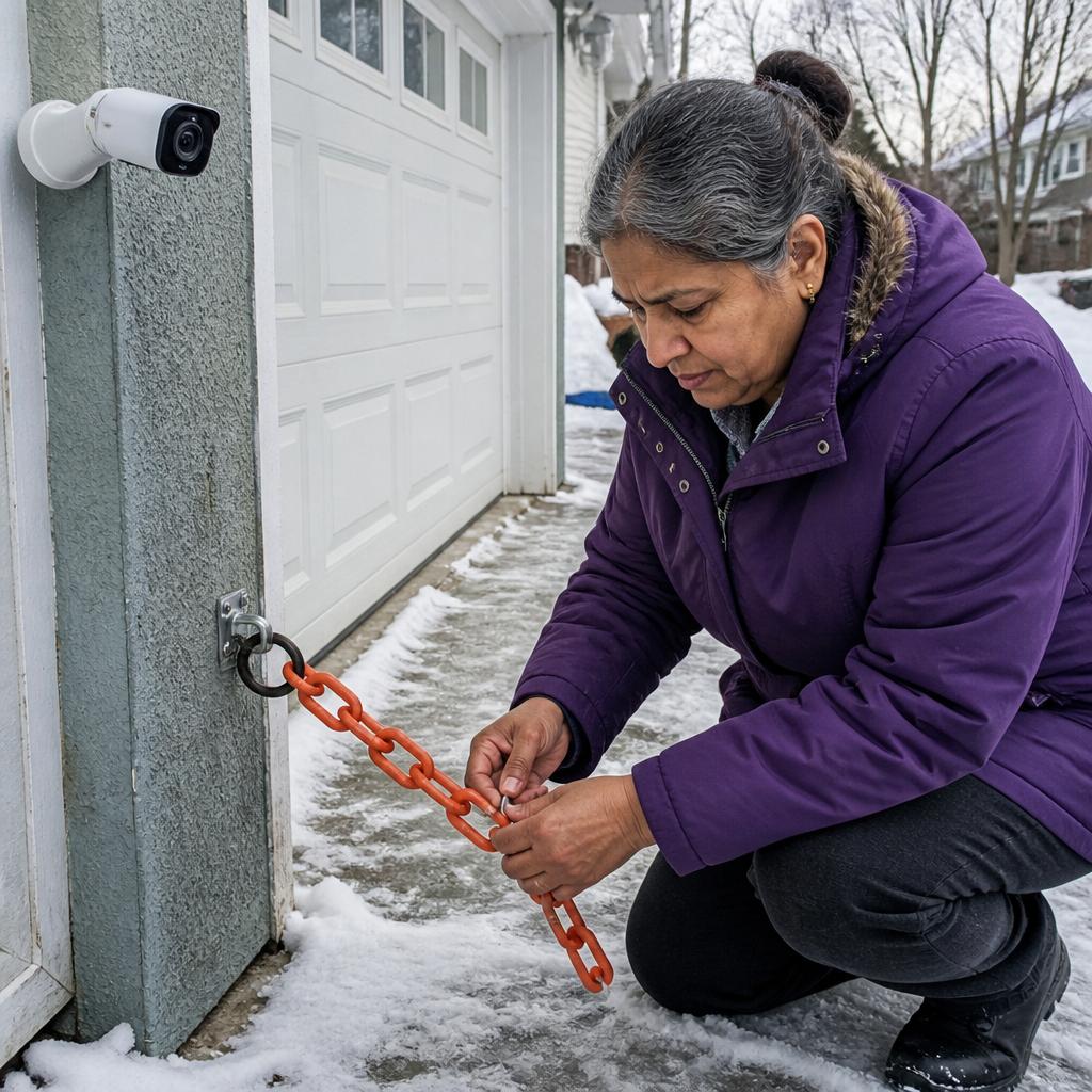 Woman removing plastic chain blocking driveway while security camera records