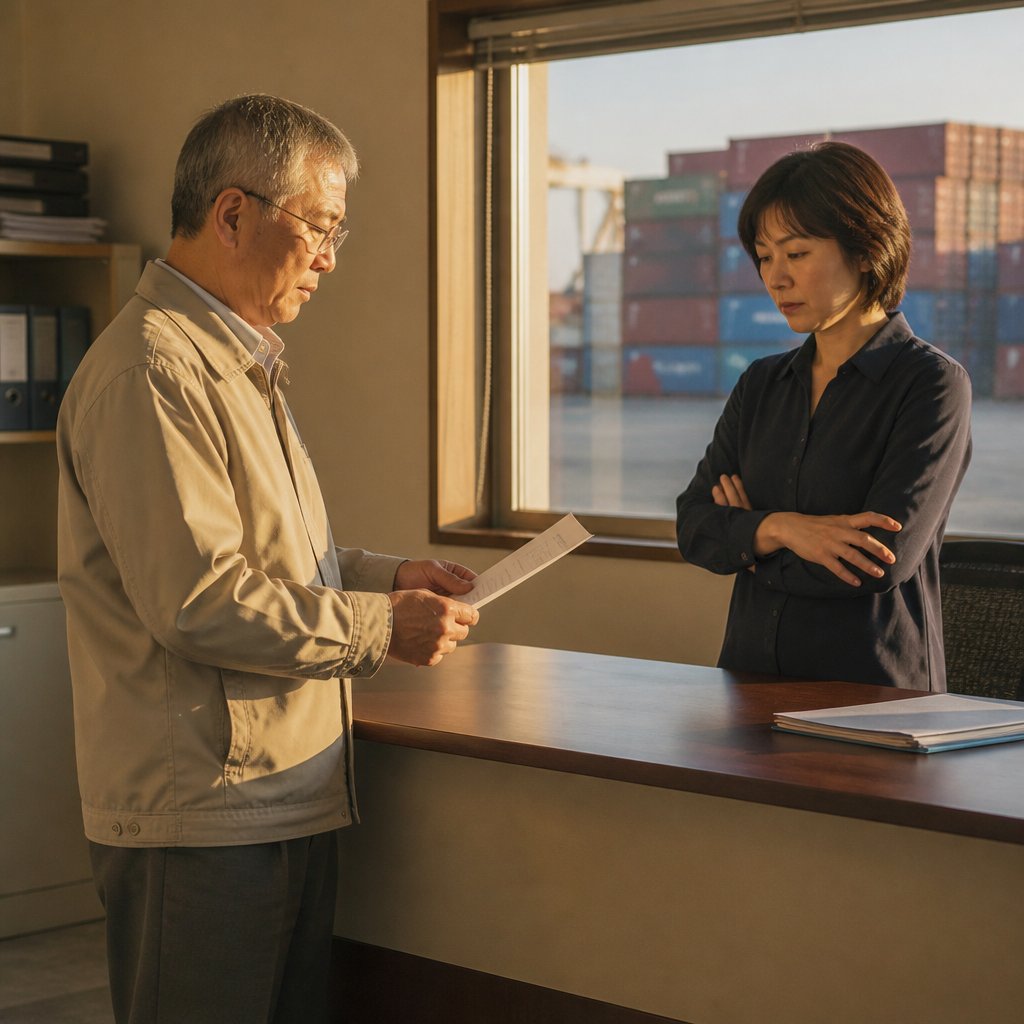 Older East Asian man holding document in dockside office while HR rep watches silently.