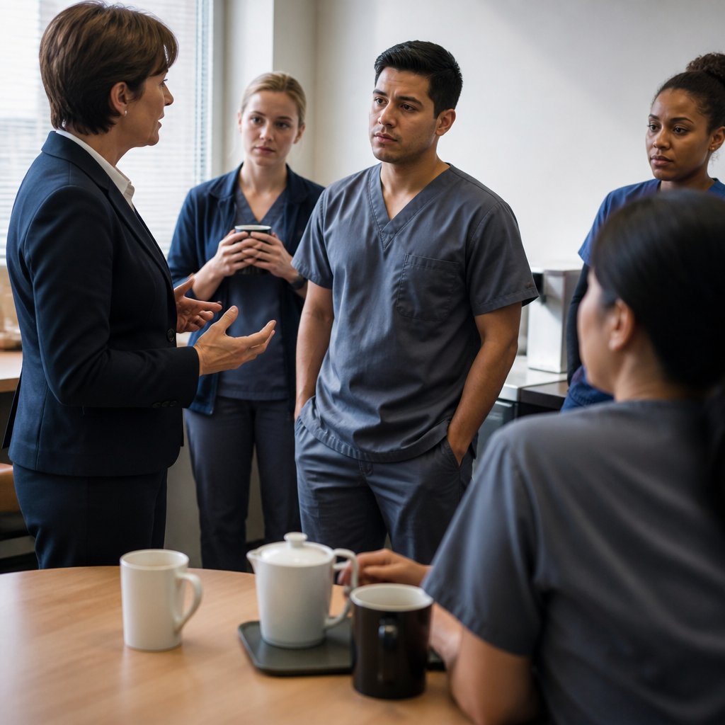 Clinic staff meeting with doctor in navy blazer instructing on vaccine record backdating.