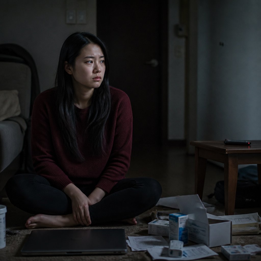 Worried East Asian woman in dim apartment after social media post about infection disappears.