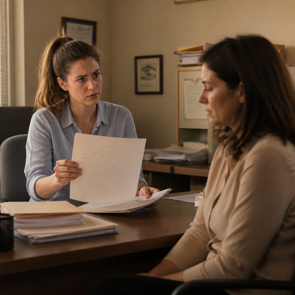 Employee confronts HR about backdated arbitration document in a cramped office, tension evident.