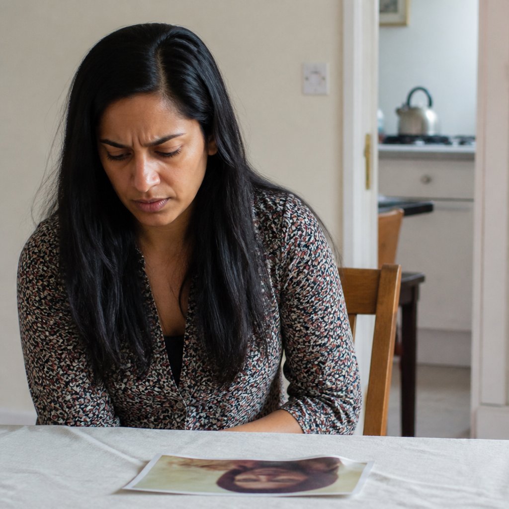 Woman staring worriedly at blurry photo printout and phone face-down on table.