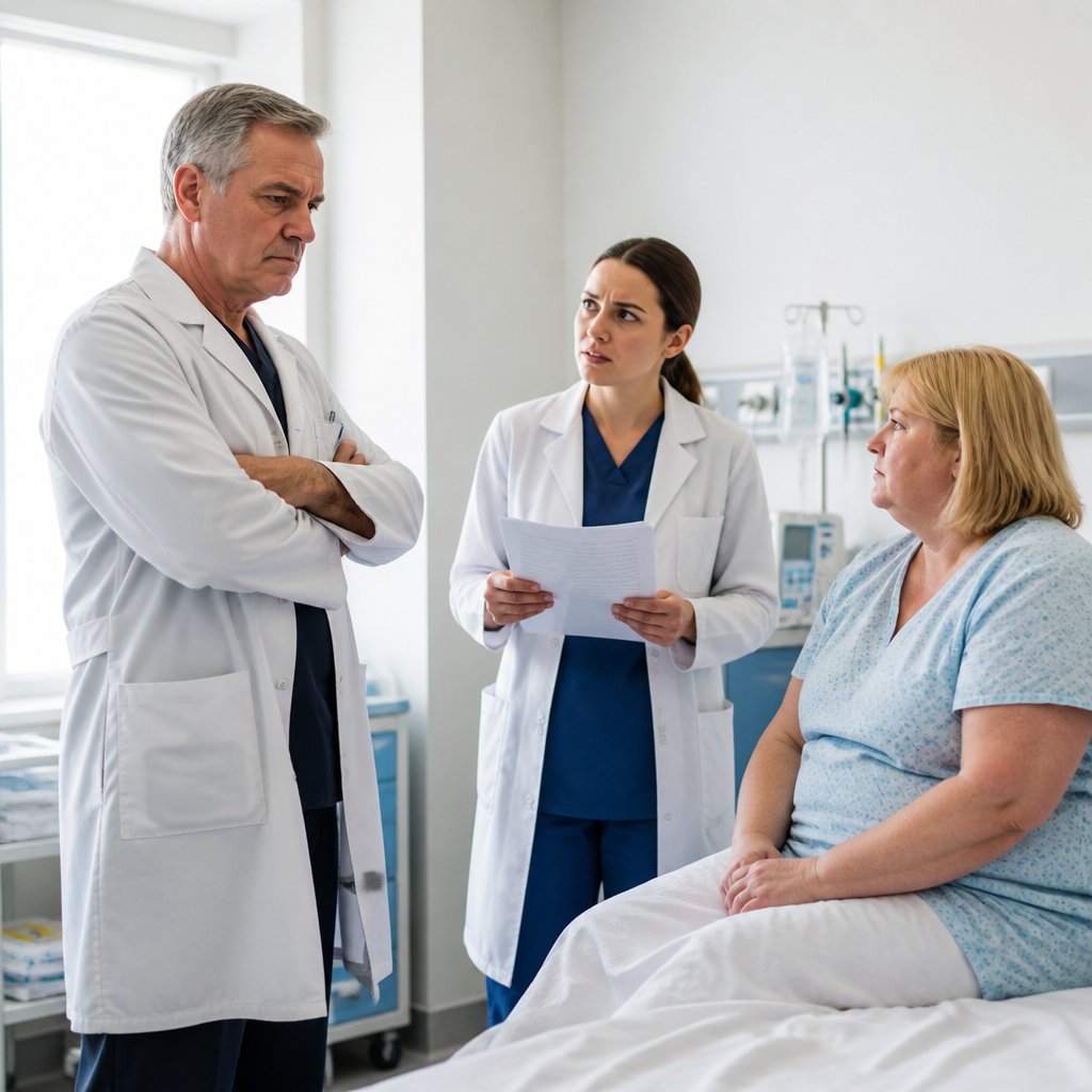 Attending physician denies ultrasound order, resident frustrated, woman watching quietly.