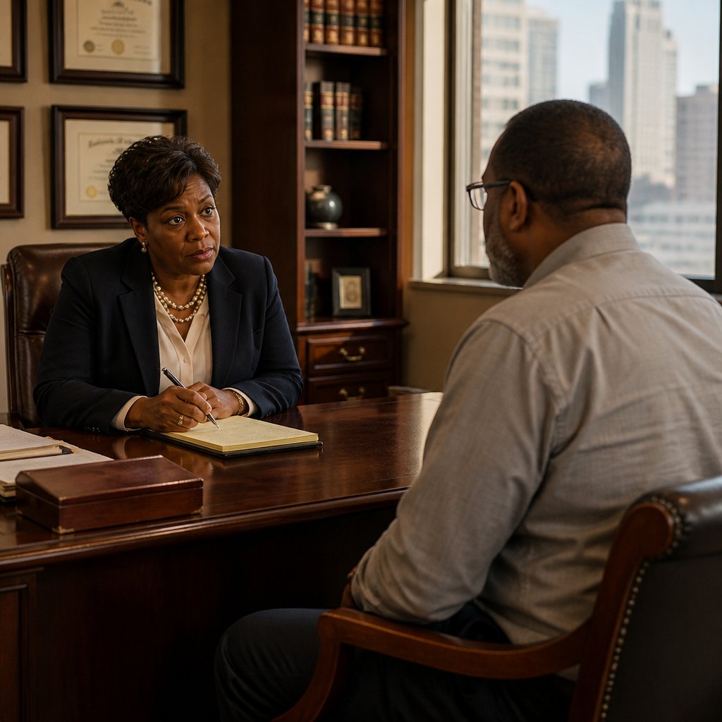 Medical malpractice attorney listening intently to client in her law office
