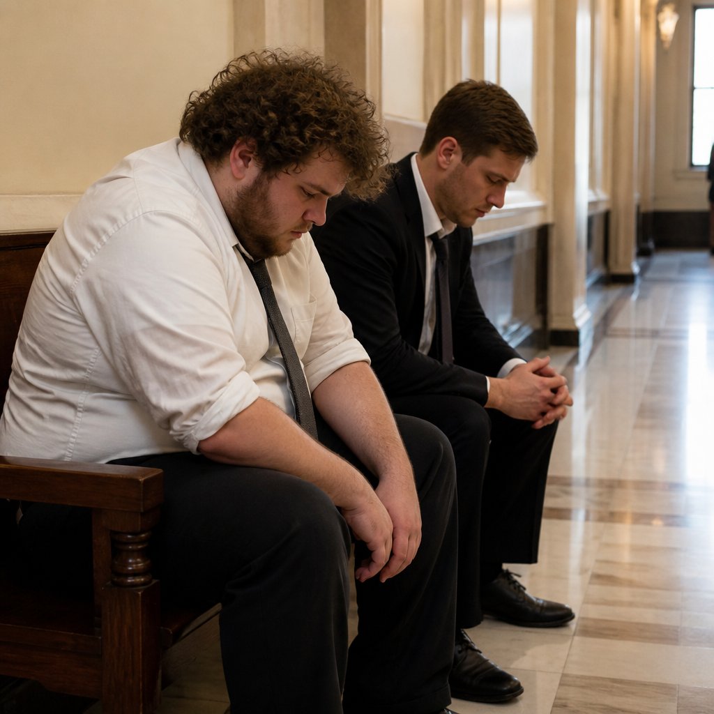 Client and lawyer sitting defeated on courthouse bench after dismissal
