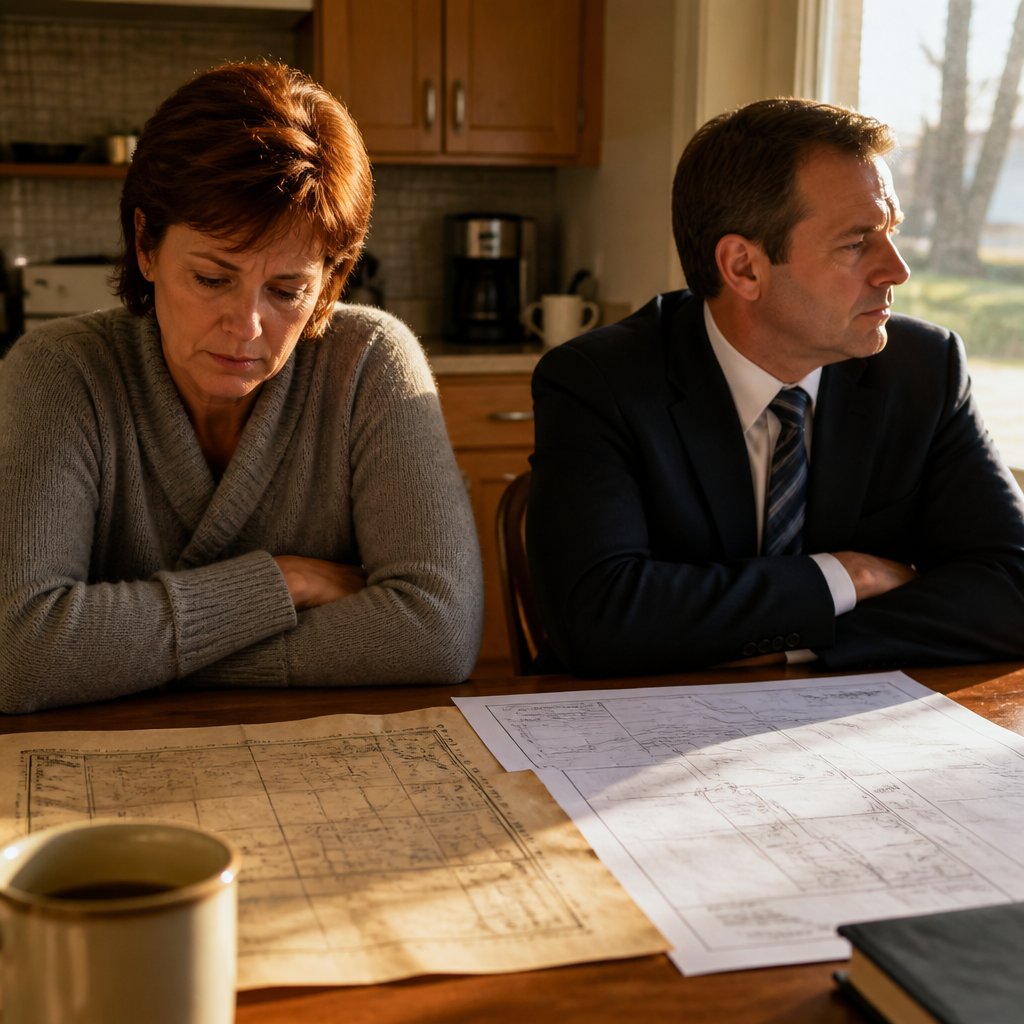 Woman and lawyer sitting in stunned silence at kitchen table with conflicting documents
