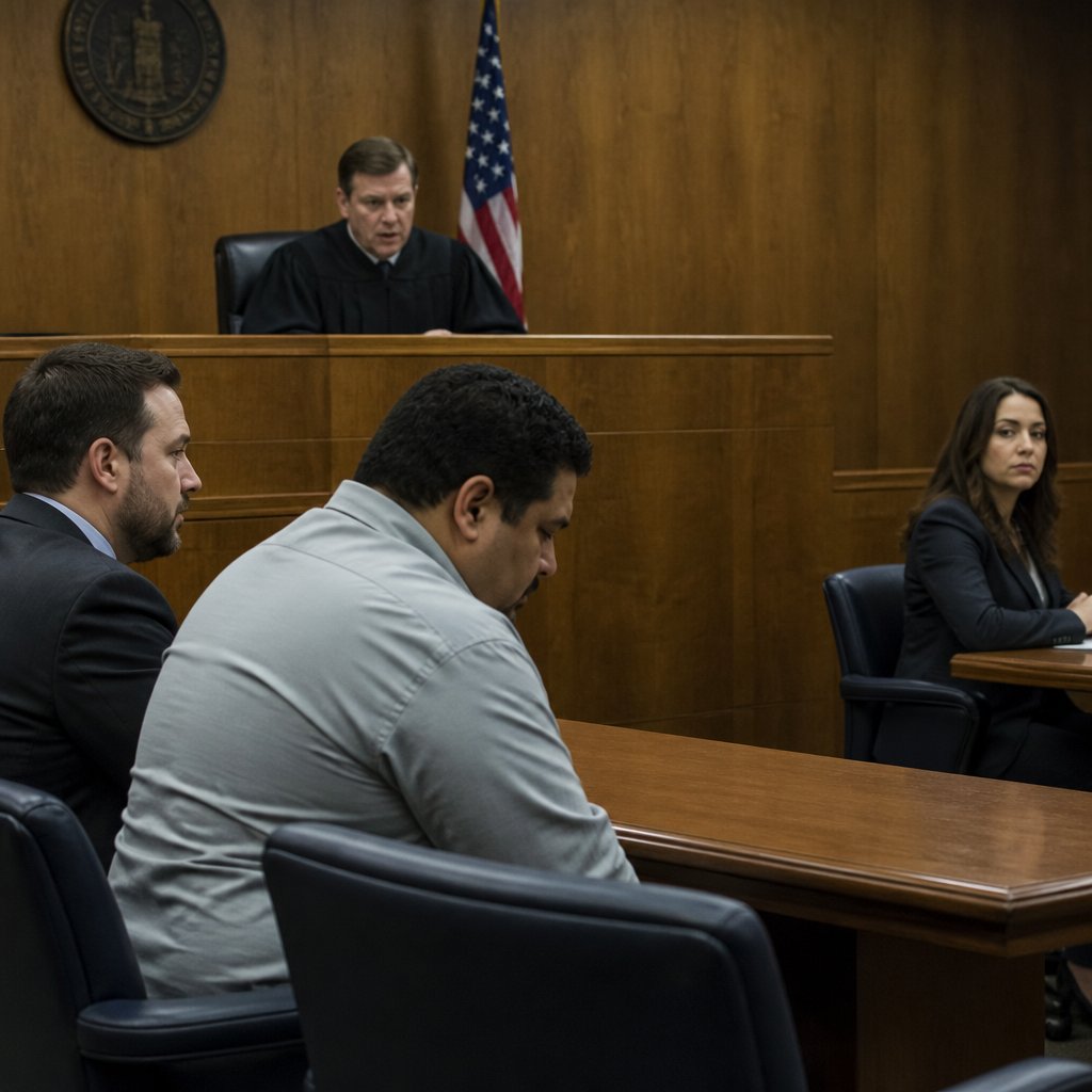 Judge speaking sternly while plaintiff slumps at table and defense attorney sits composed