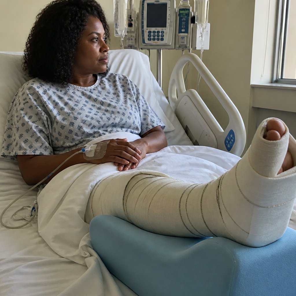 Bandaged leg elevated in hospital bed after ankle surgery