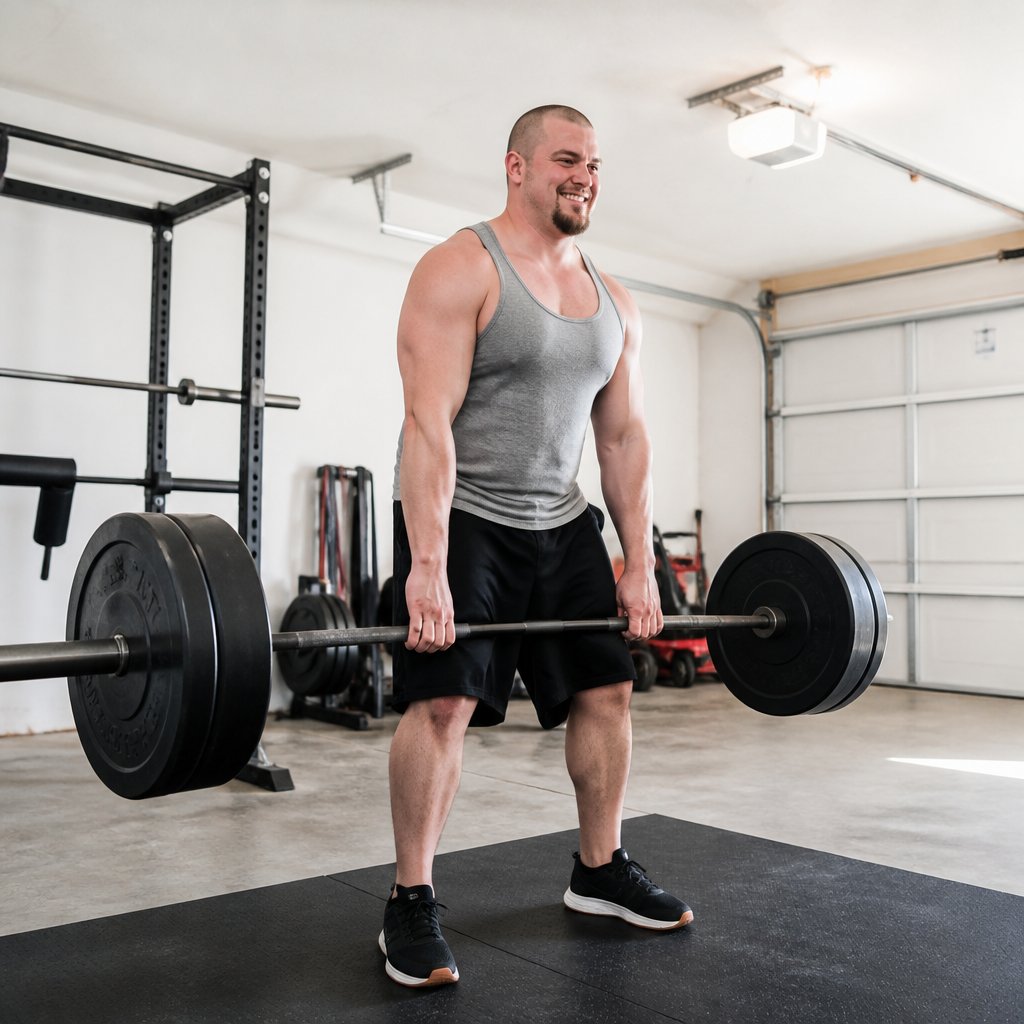 Man doing deadlifts in his garage gym looking healthy and uninjured