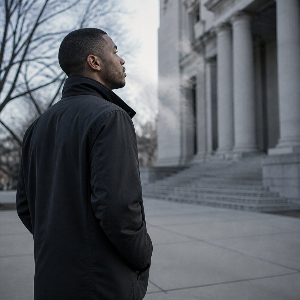 Man standing outside courthouse in winter looking tired and resigned after settling