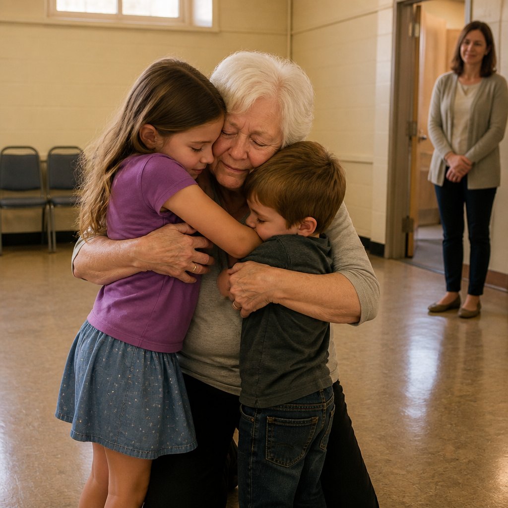 Grandmother hugging two grandchildren tightly in a community center with eyes closed in relief