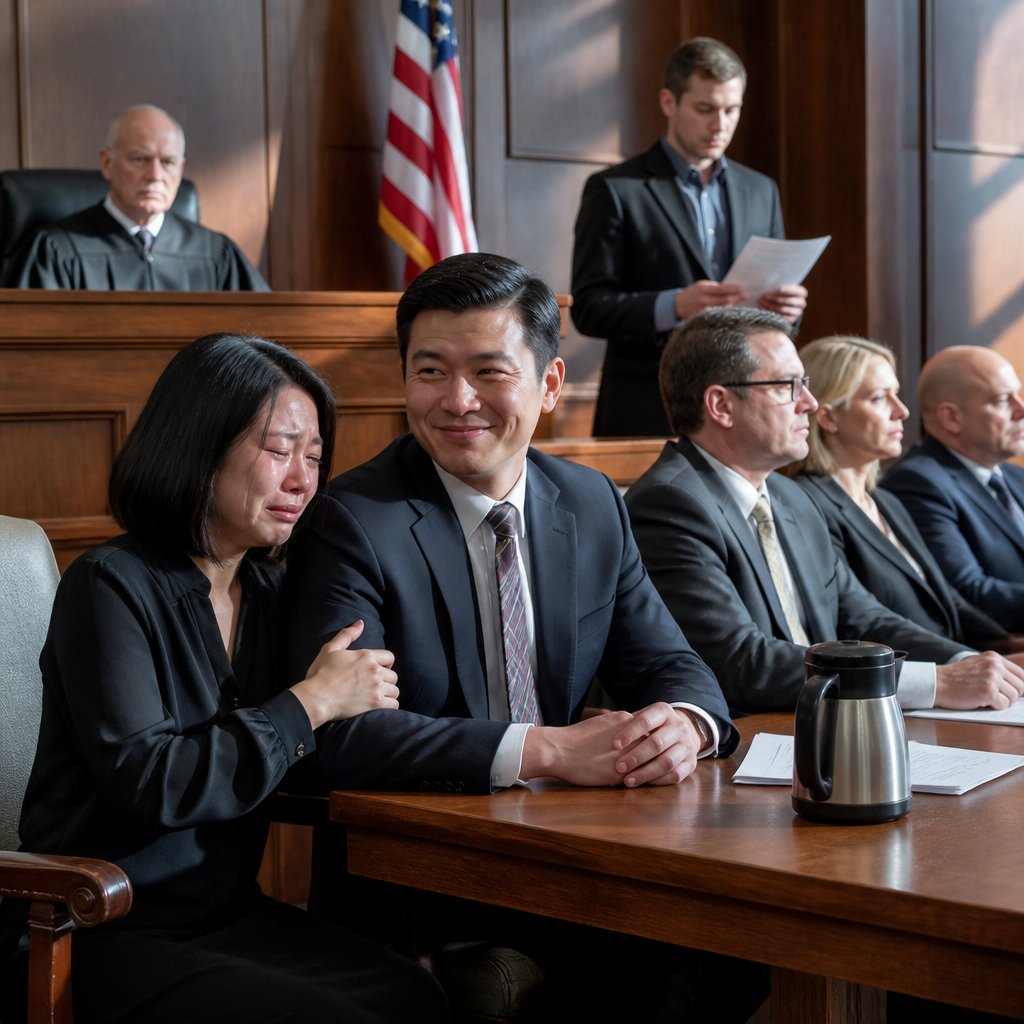 Woman crying with relief at verdict while her attorney smiles and jury stands