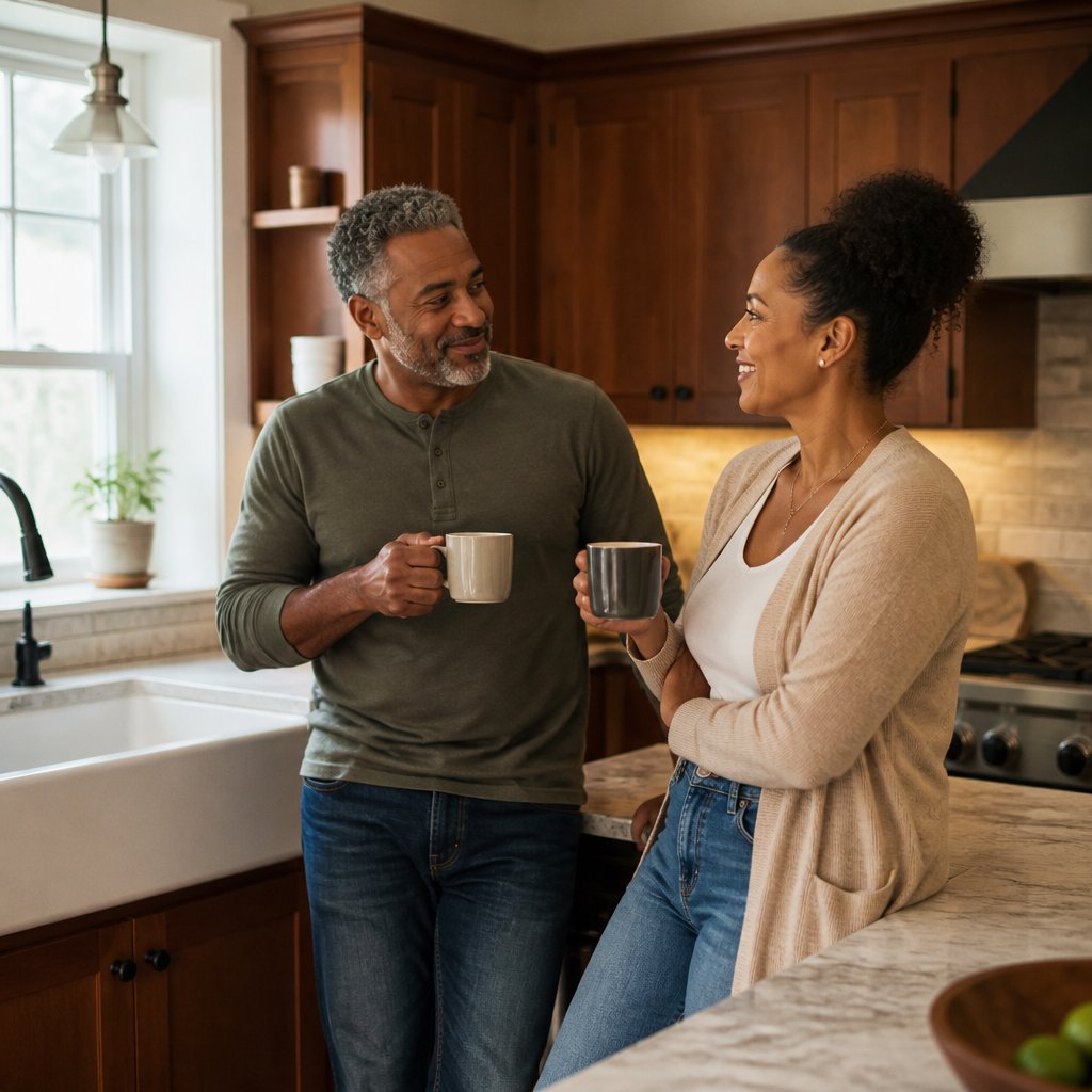 Couple standing proudly in their beautiful finished kitchen with coffee mugs and knowing smiles