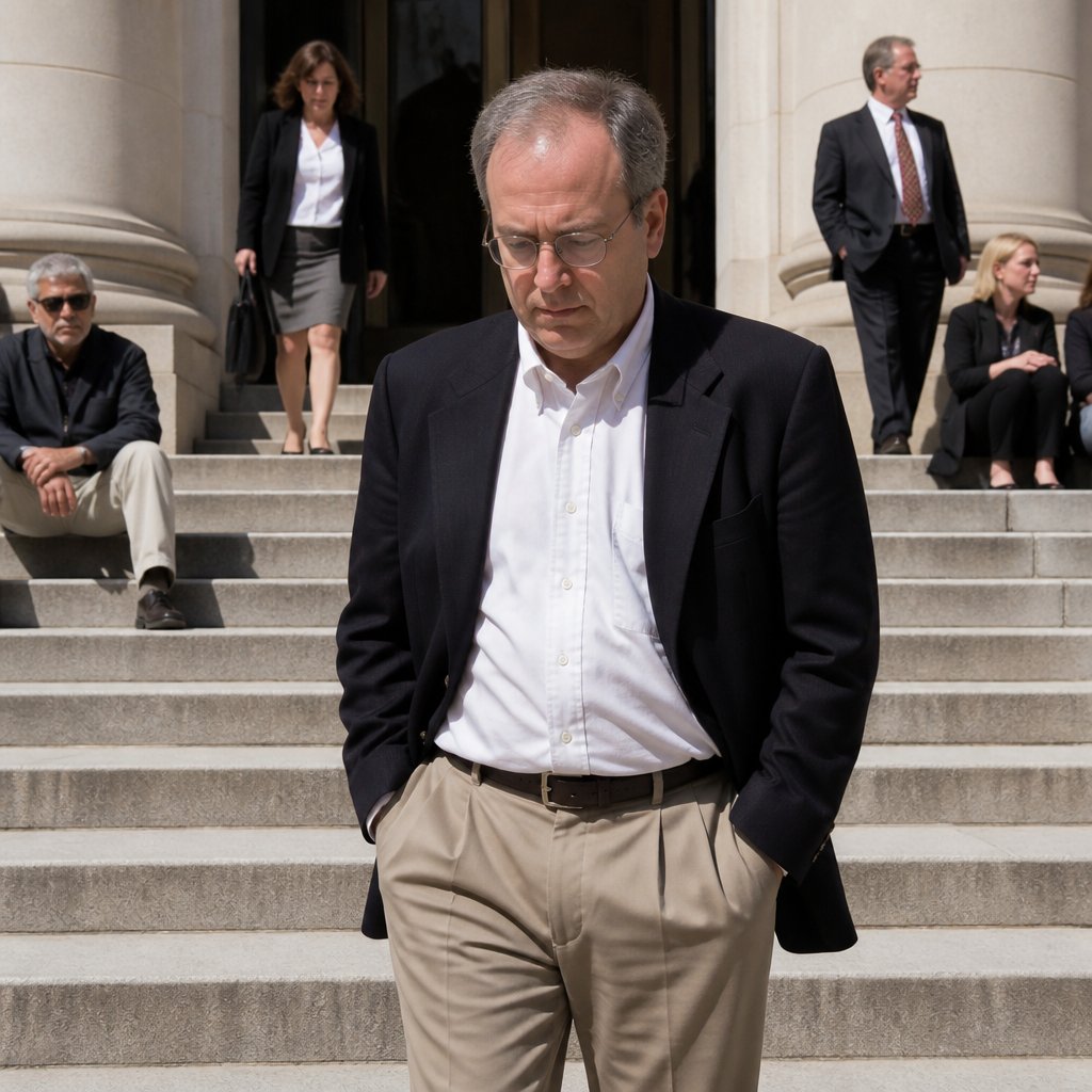 Man walking down courthouse steps alone looking humiliated after case dismissal