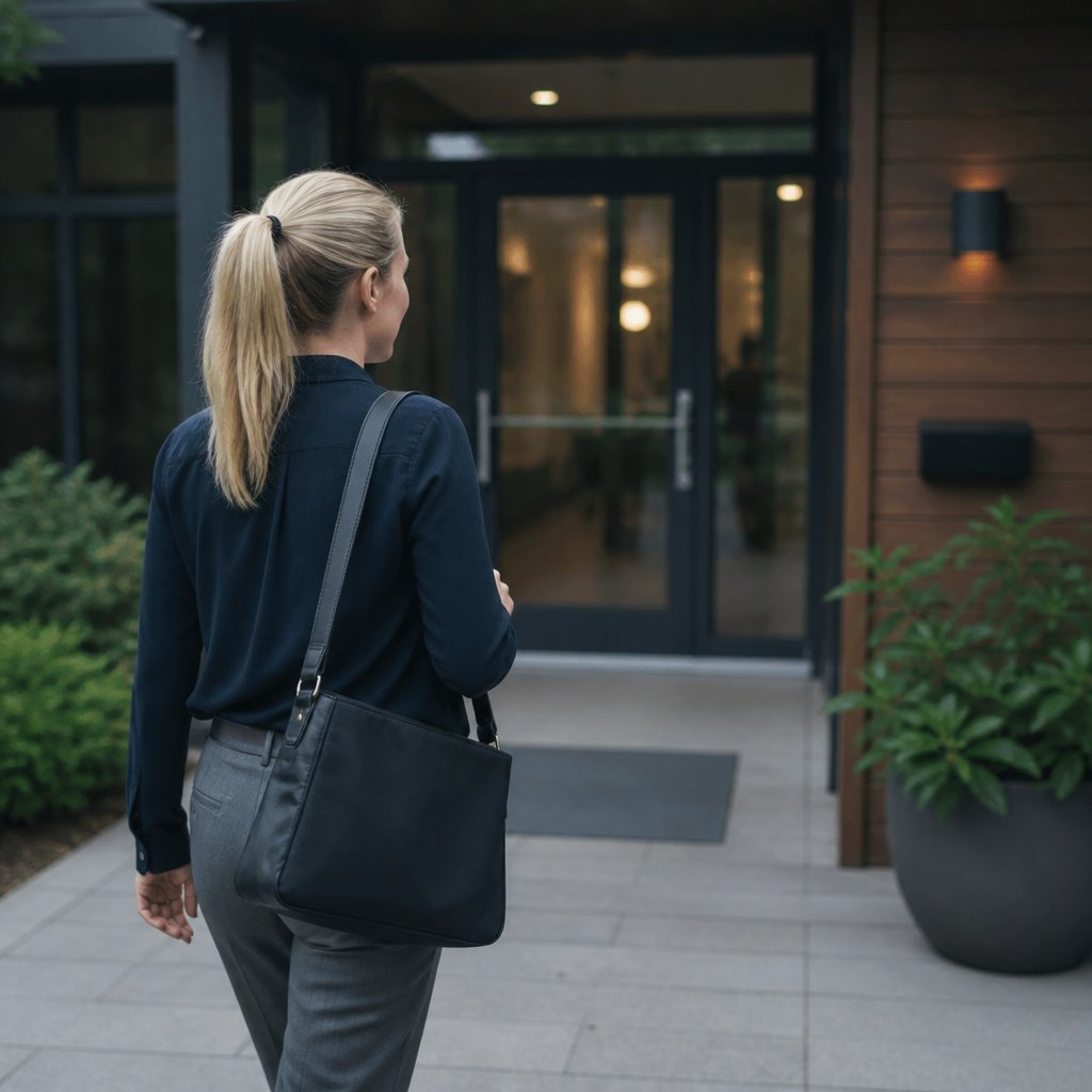 Woman walking into new workplace on sunny morning with quiet determination and fresh start