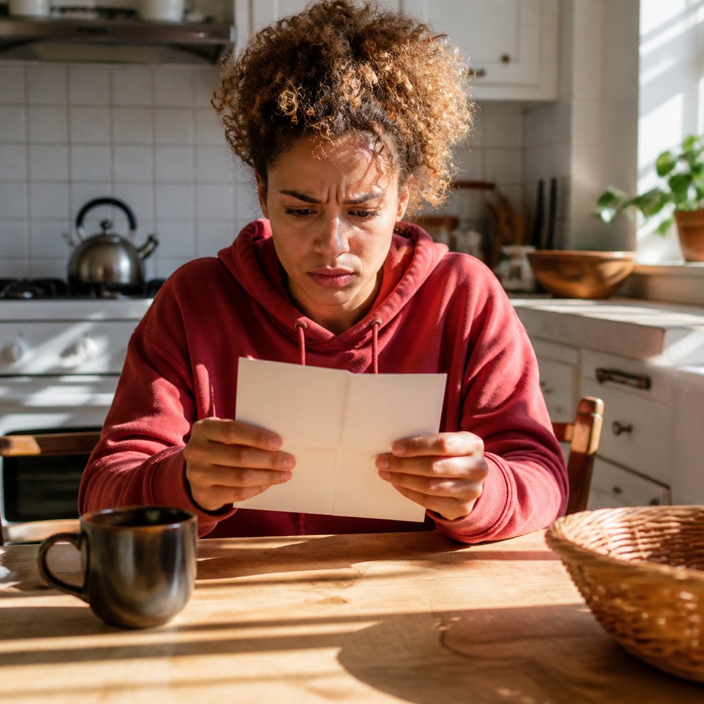 Frustrated person reading a denial letter at kitchen table in casual clothes.