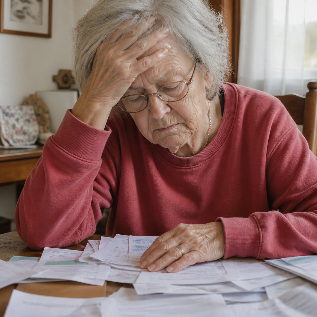 Woman overwhelmed by bills and debt notices at home, stressed and exhausted.