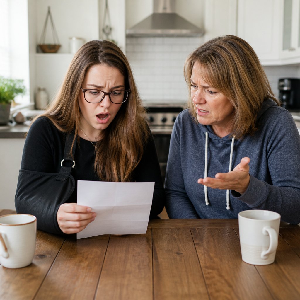 Woman and her mother reading an insulting settlement offer at the kitchen table