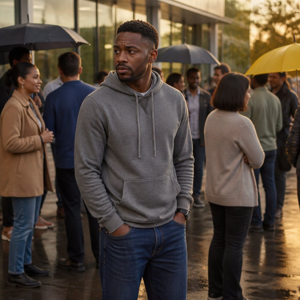 Man among coworkers gathered outside during a fire drill, looking uneasy in the rainy weather.