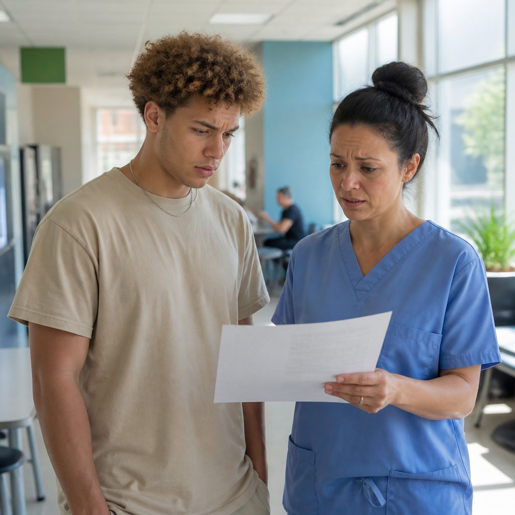 Young man and nurse examining a printed patient chart with concern in a hospital break room.