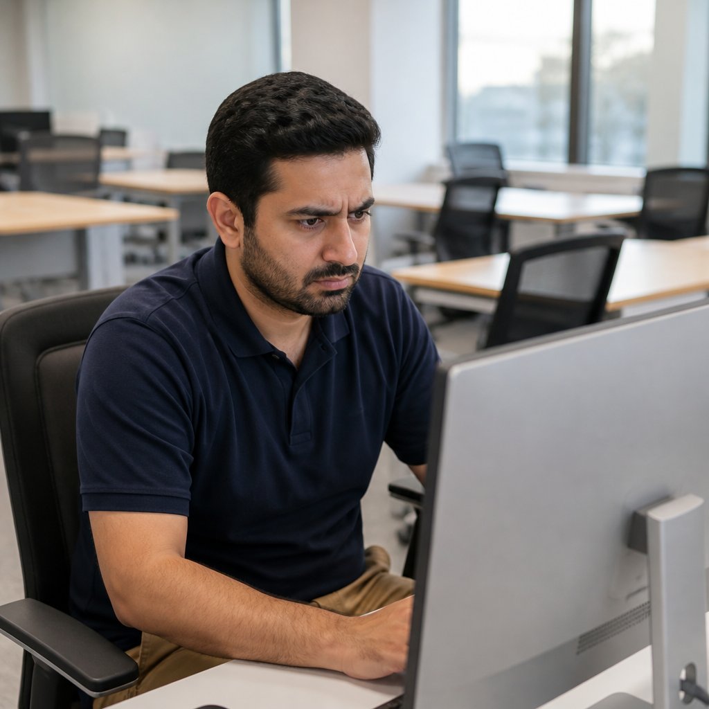 Man looking frustrated at locked computer screen in empty office after access revoked.
