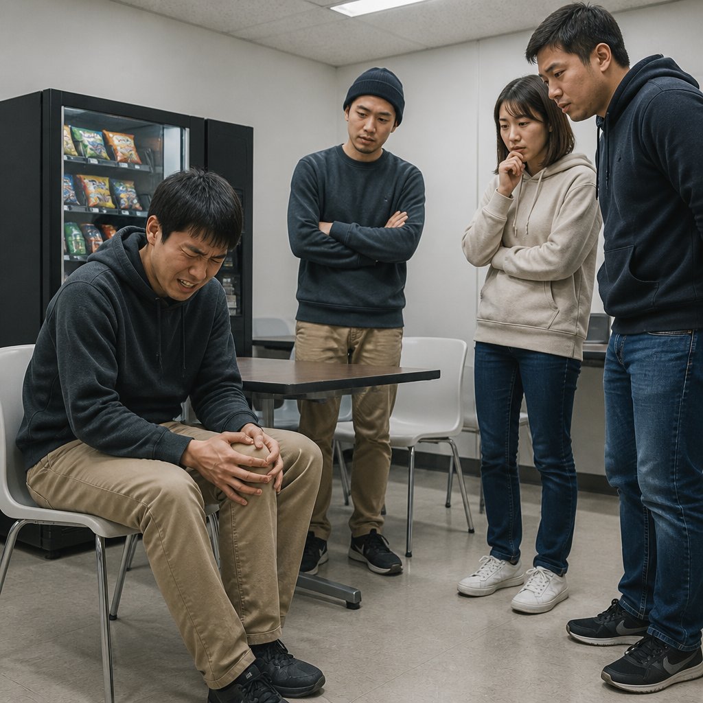 Man in break room grimacing as knee locks and coworkers look on worriedly.
