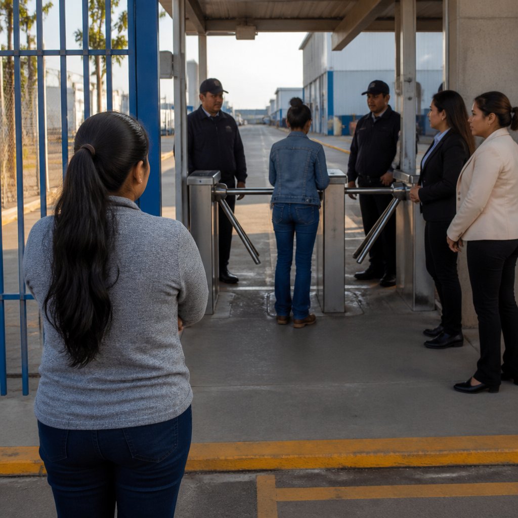Raul’s wife waiting outside turnstiles while security and HR talk nearby.