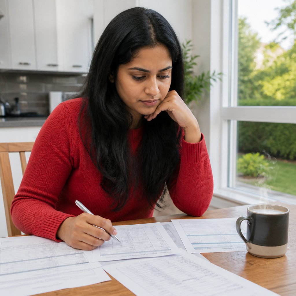 Woman reviewing survey report at kitchen table, considering root liability issue.