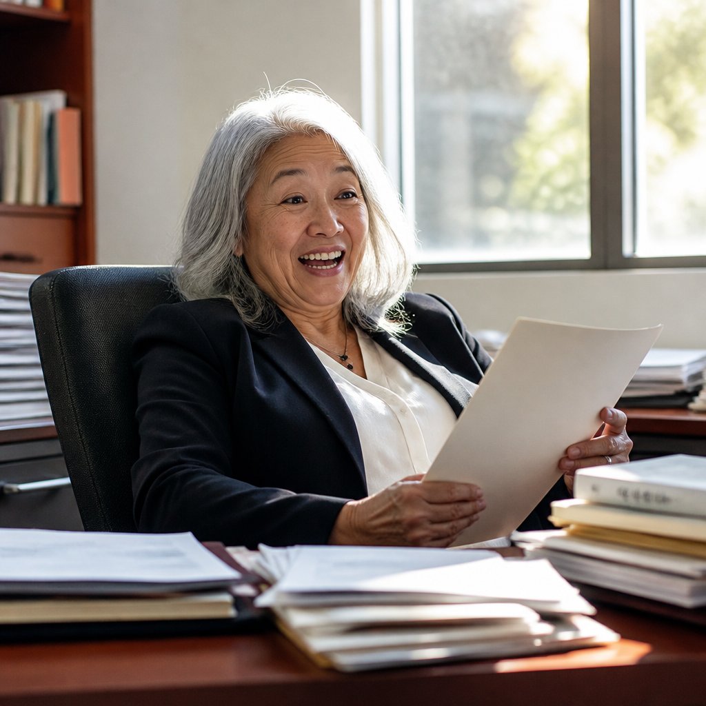 Legal aid attorney grinning with delight while reading the opposing lawyer's absurd brief