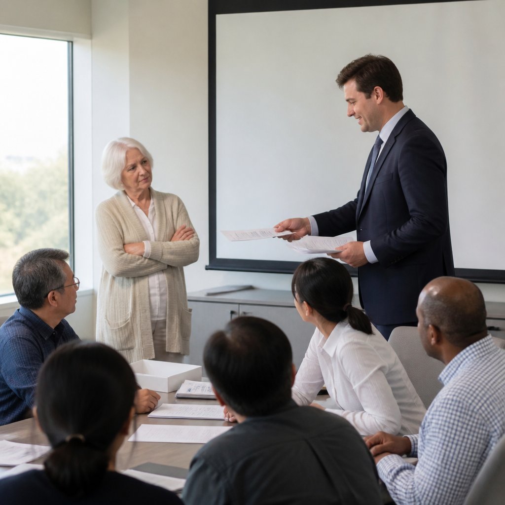 Older white woman observing vendor presentation with skeptical expression in conference room