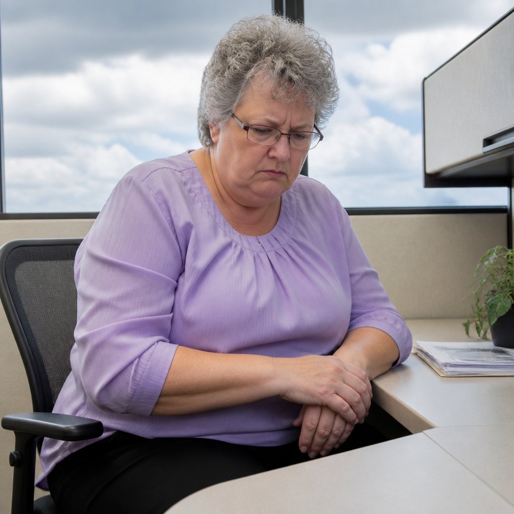 Woman frustrated by being locked out of chair settings app at her desk.