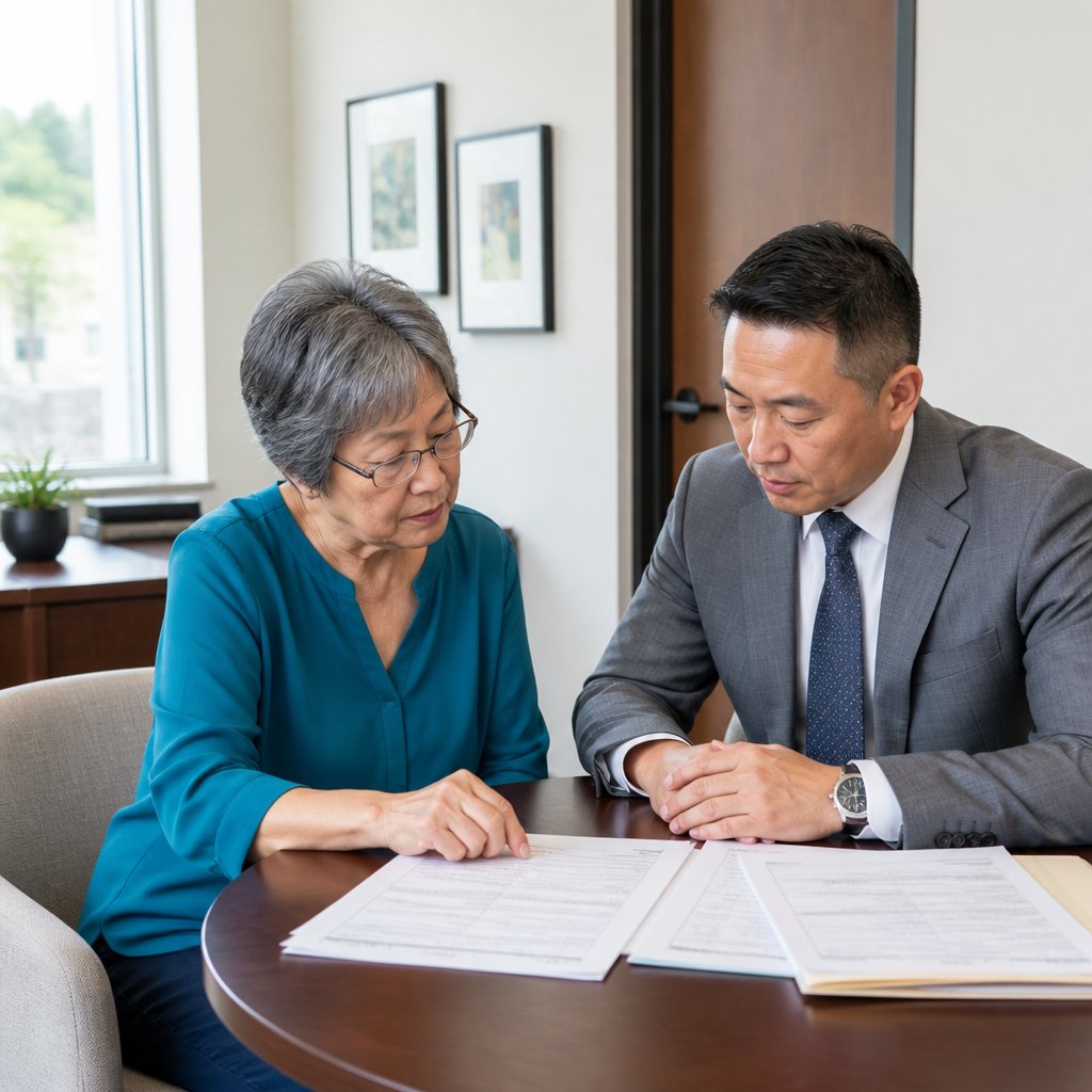Woman consulting lawyer over printed EHR audit logs in office