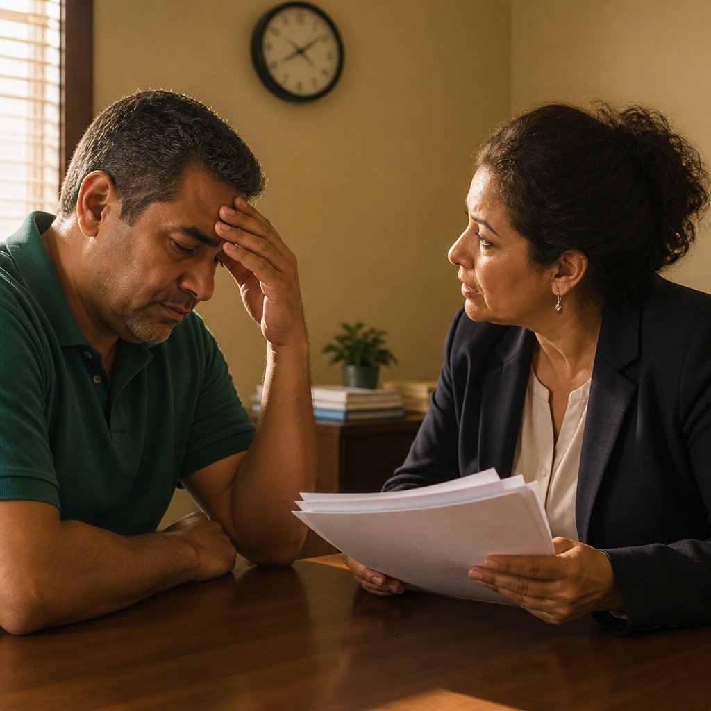 A man receiving a disciplinary warning in an HR office, looking frustrated and stressed.
